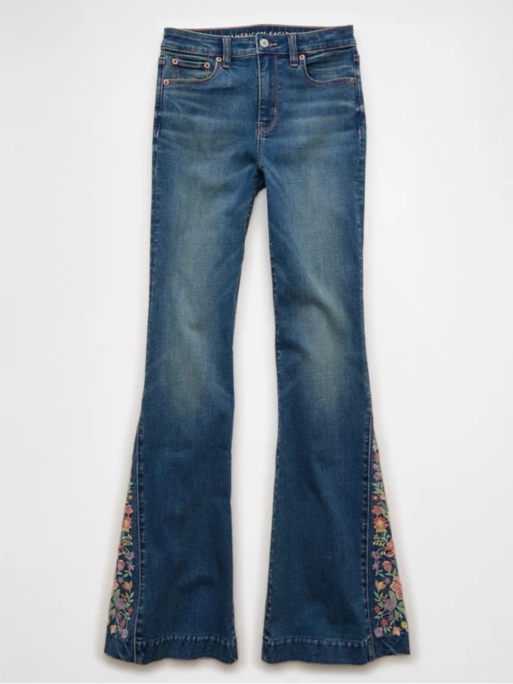 American Eagle Embroidered Flare Boho Jeans Festival Western High Rise Stretch